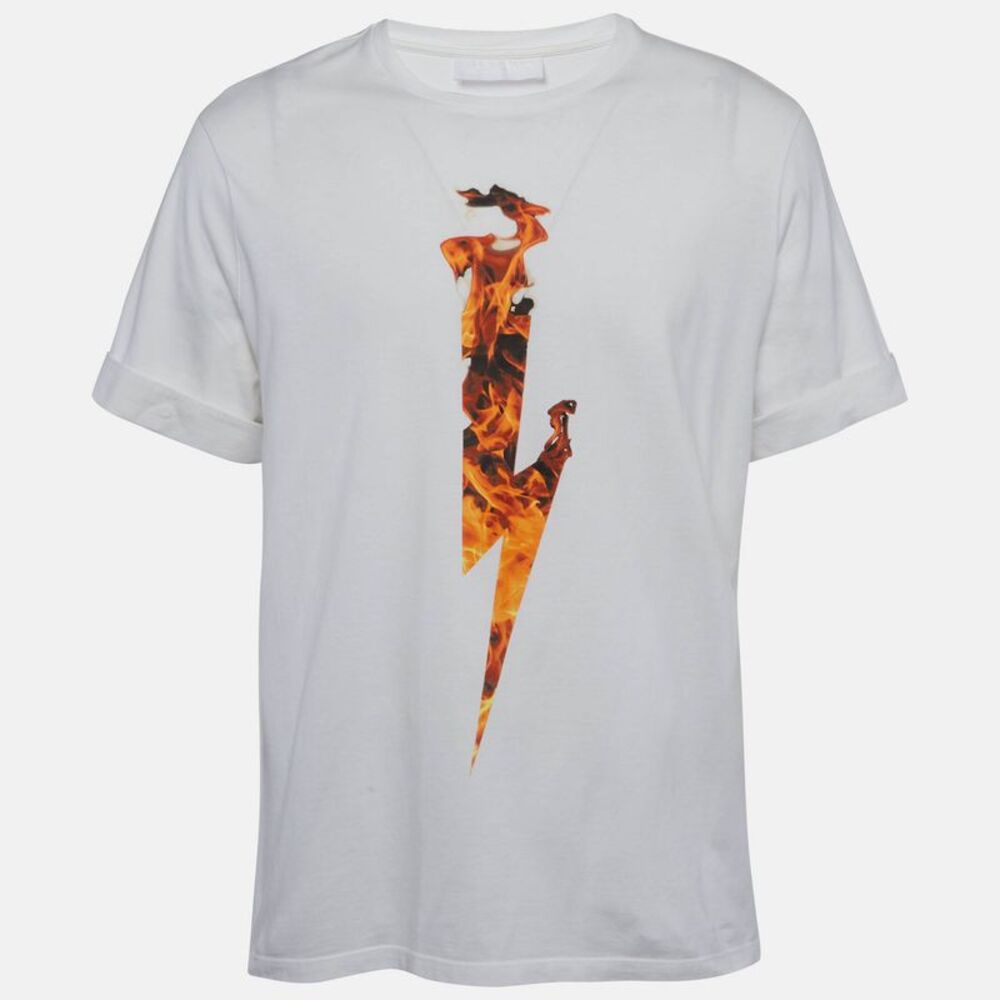 Neil Barrett White Flame Thunderbolt Print Cotton Rolled Up T-Shirt M